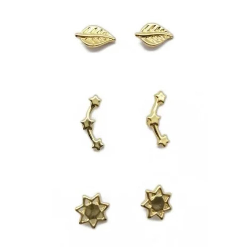3/$30 NWT GEMMA SIMONE EARRING SET 14K GOLD PLATE LEAVES STARS SUN STUDS 3 PAIRS
